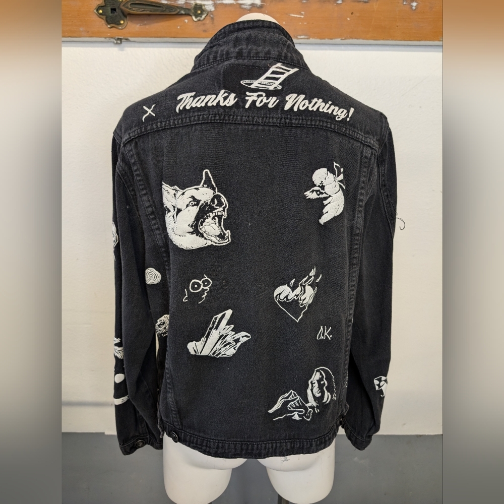 Denim Jacket Black Distressed Graphic Goth Grunge Whimsy Oversized Size M